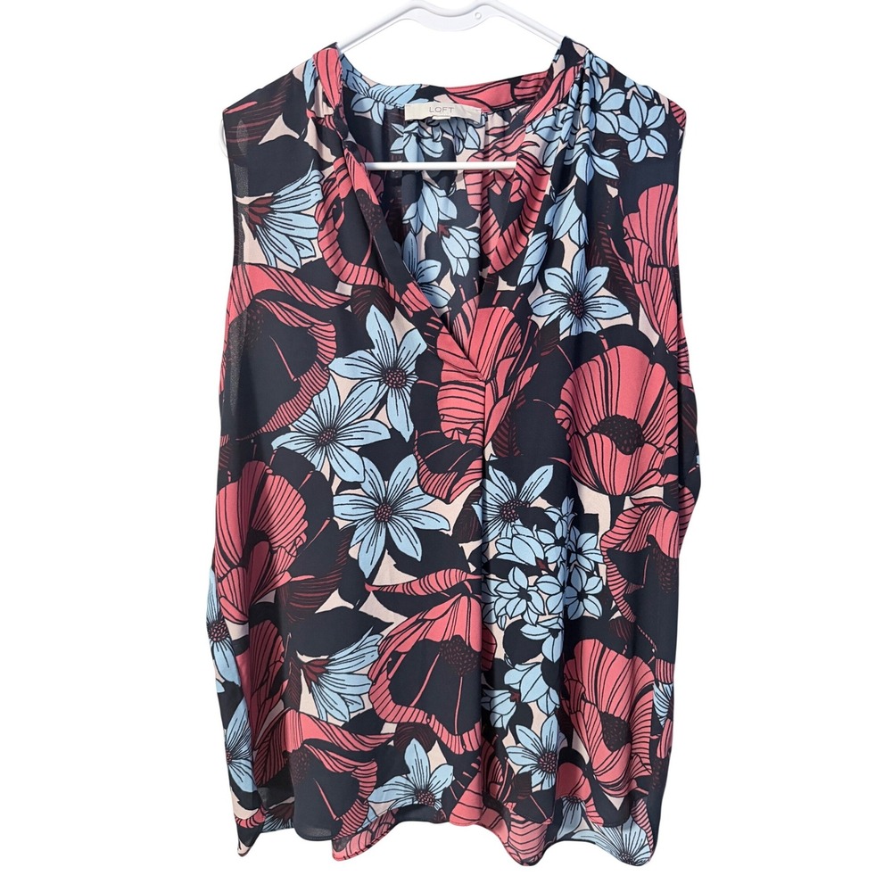 LOFT Floral Blouse Women XL Navy Blue Sleeveless V-Neck Top